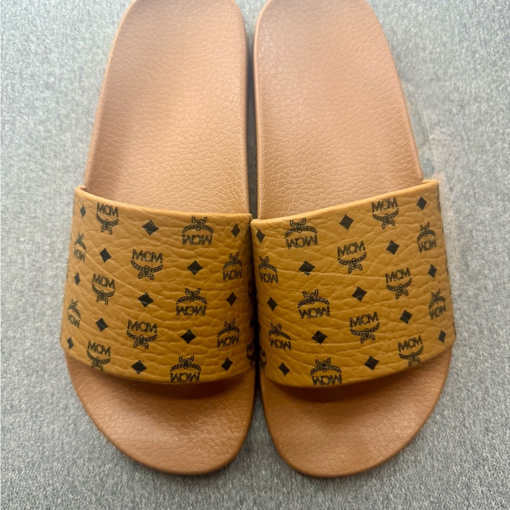 MCM Unisex Tan Logo Slides in size 42- NEW!